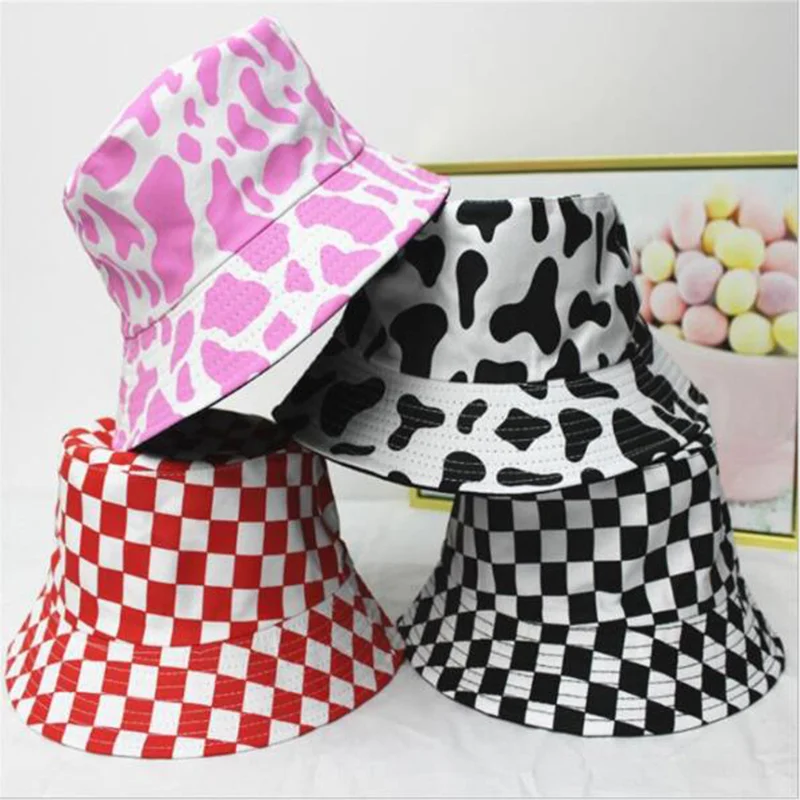 

Women Gorras Summer Unisex Outdoor Fashion Activities Reversible Black White Cow Pattern Bucket Double-sided Hats Fisherman Caps