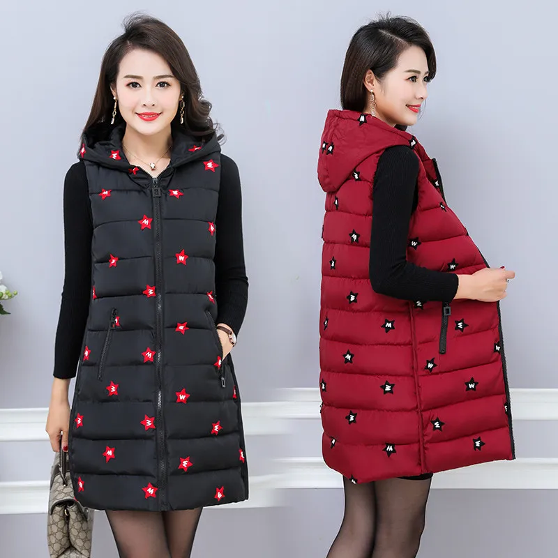 Женский Теплый жилет без рукавов осенне зимний длинный с капюшоном размеры 5XL W1223