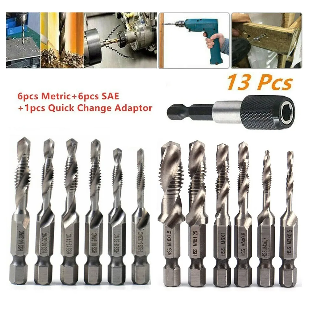 

13pc HSS 1/4\\\" Hex Shank Drill Bit Kit Screw Thread M3-M10 Metric SAE Combination Tap Drill Bits W/Quick Change