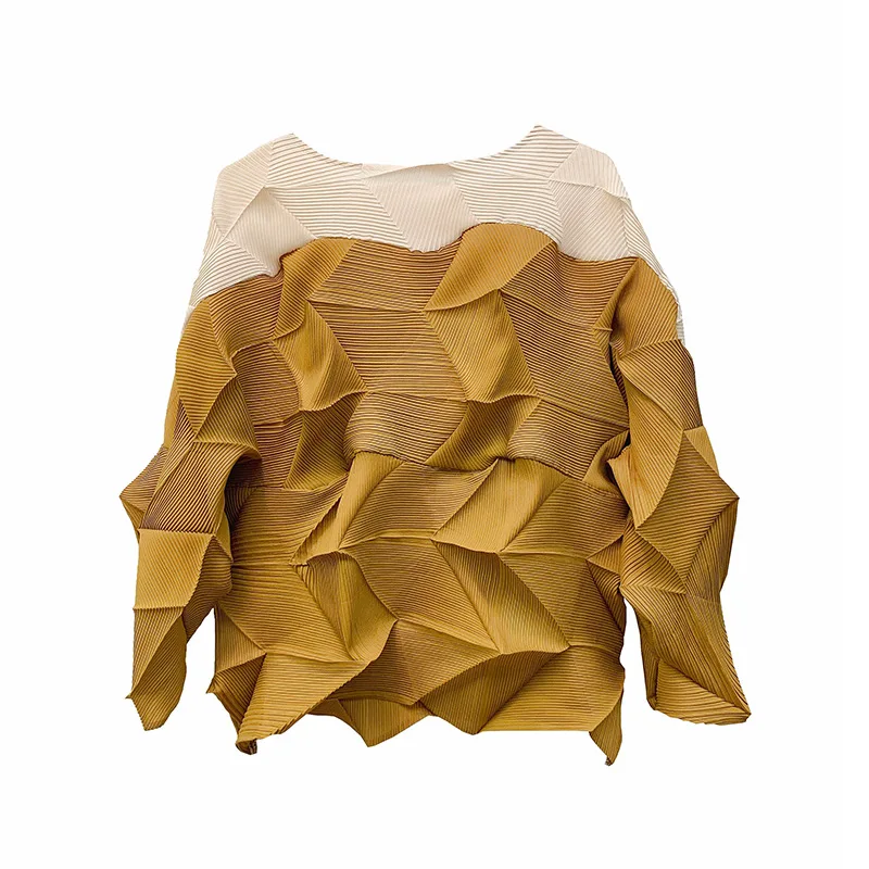 

pleated color block patchwork tops 2020 summer new temperament Japanese fold t-shirt for famale big size irregular Y502
