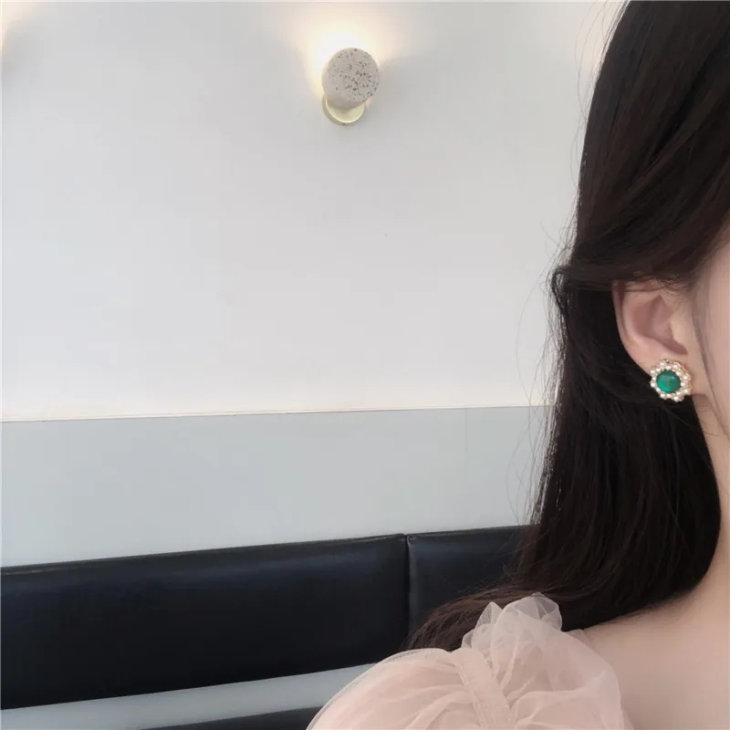 Vintage Simple Green Round Opal Pearl Stud Earrings Korean Classic Cute for Women Girls Kids Ear Jewelry Gift Wholesale | Украшения и
