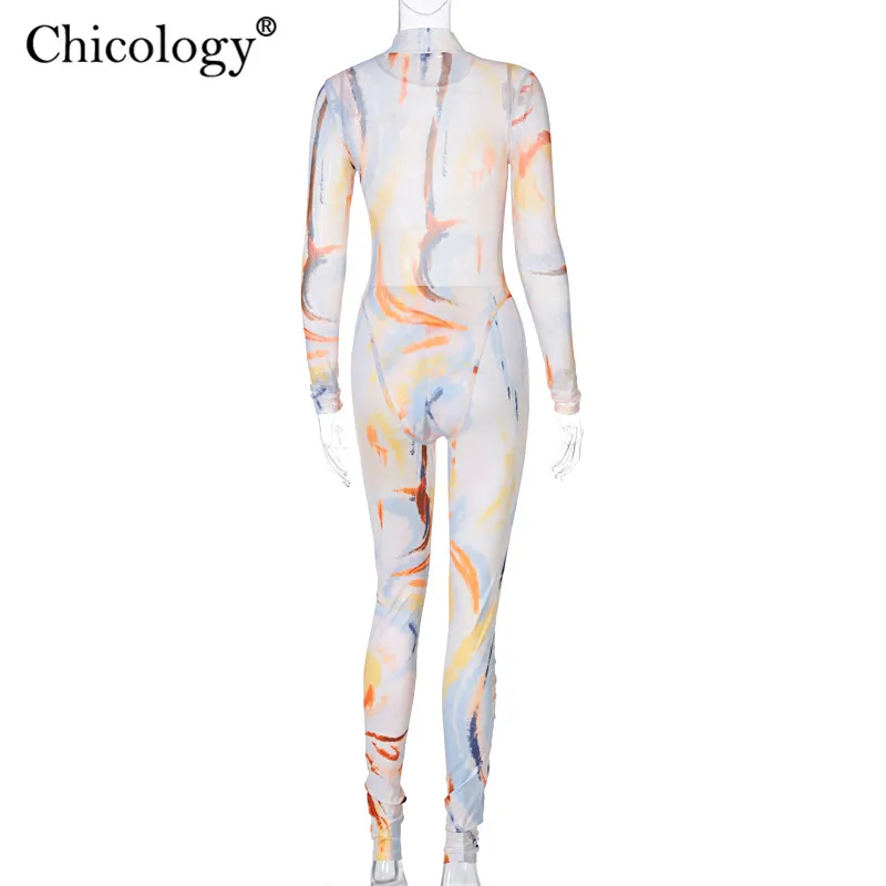 

Chicology Mesh Vintage Print 2 Two Piece Matching Set Women 2020 Bodysuit Pants Winter Fall Clothes Sexy Club Outfits Streewear