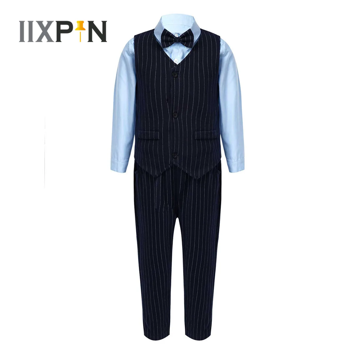 Купи 4Pcs Children's Suits Kids Holiday Gentleman Prince Costumes Long Sleeve Bowtie Baby Boys Shirt Stripes Pants Vest Waistcoat за 1,097 рублей в магазине AliExpress