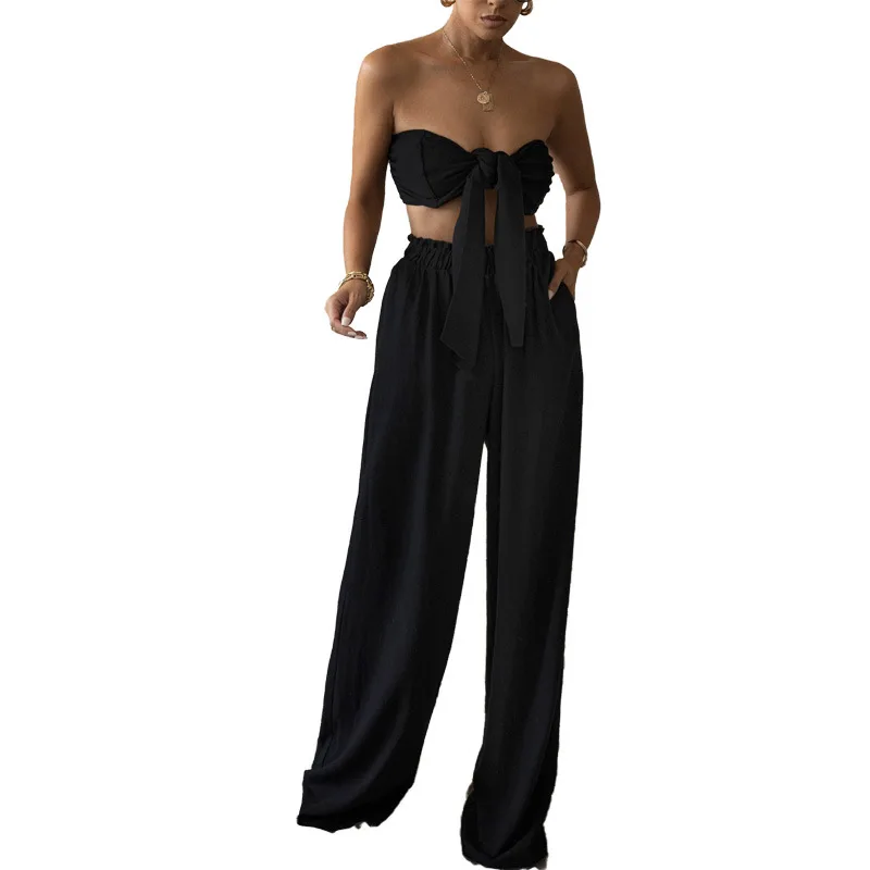 

Donsignet Fashion Women's Suit New Summer Casual Hot Sale Navel Wrap Chest Solid Color Lace Wide Leg Pockets Home Two-piece Suit