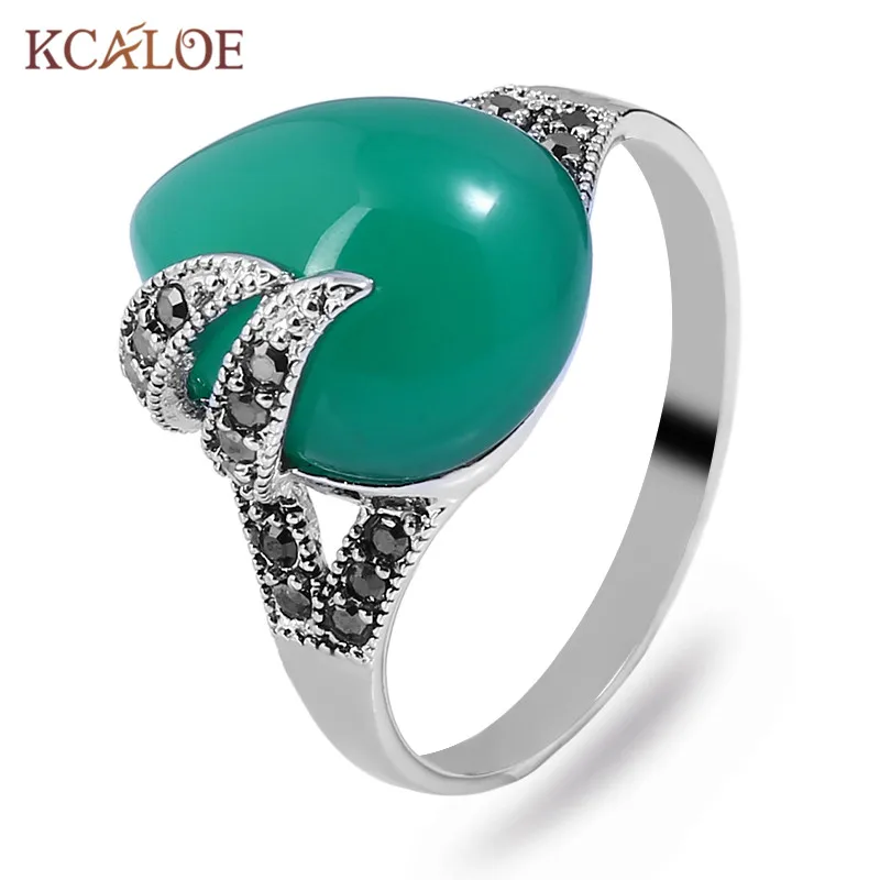 Женское кольцо с каплями воды KCALOE черное зеленым натуральным камнем античное