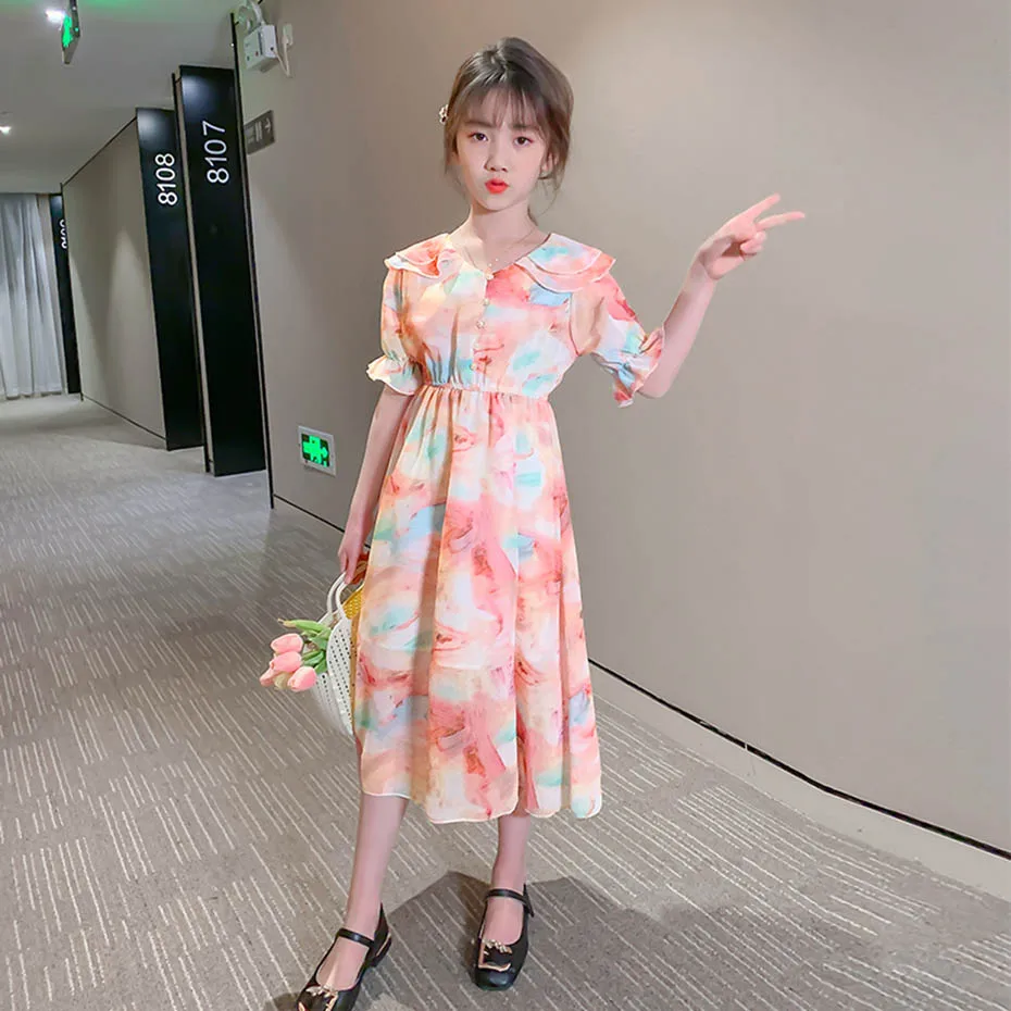 Summer Dress For Girls Floral Pattern Girl Beach Behemian Children Sun Dresses Double-layered Kids Costume | Детская одежда и