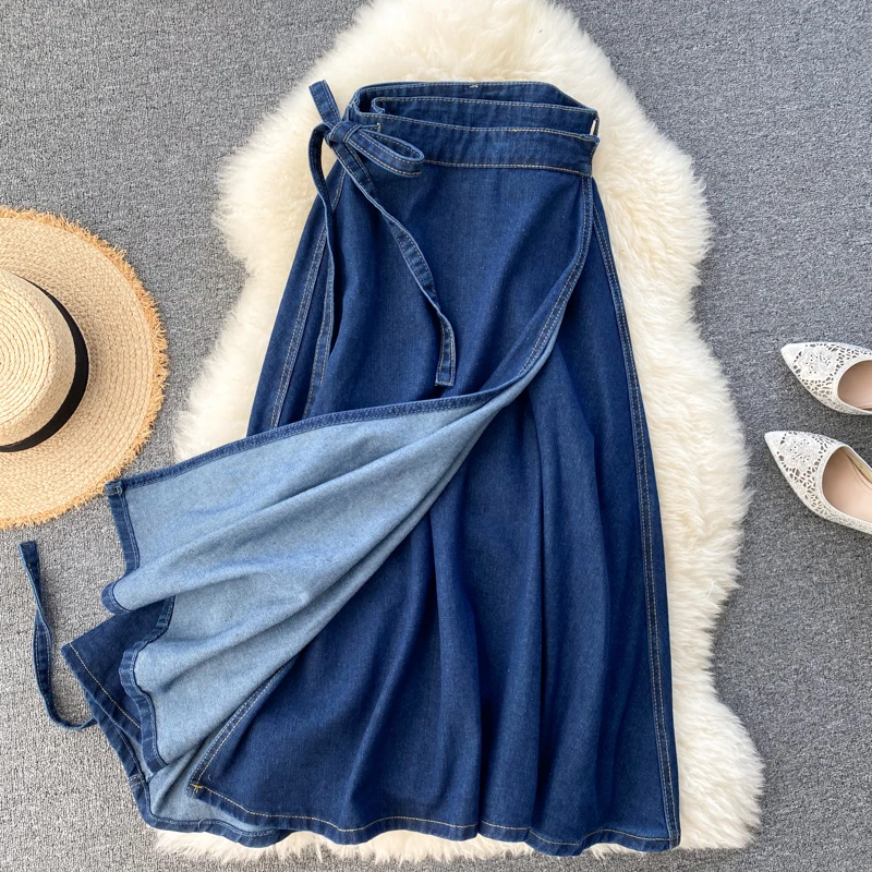 

Summer Spring Lace Up Denim Adjustable Waist Belt Sashes Solid Single Piece Vintage Women Female Skirts