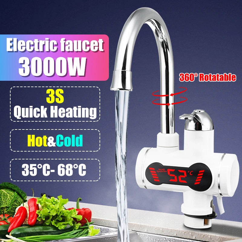 Efficient 3000W Temperature Display Instant Hot Water Tap Tankless Electric Faucet Kitchen Heater | Бытовая техника