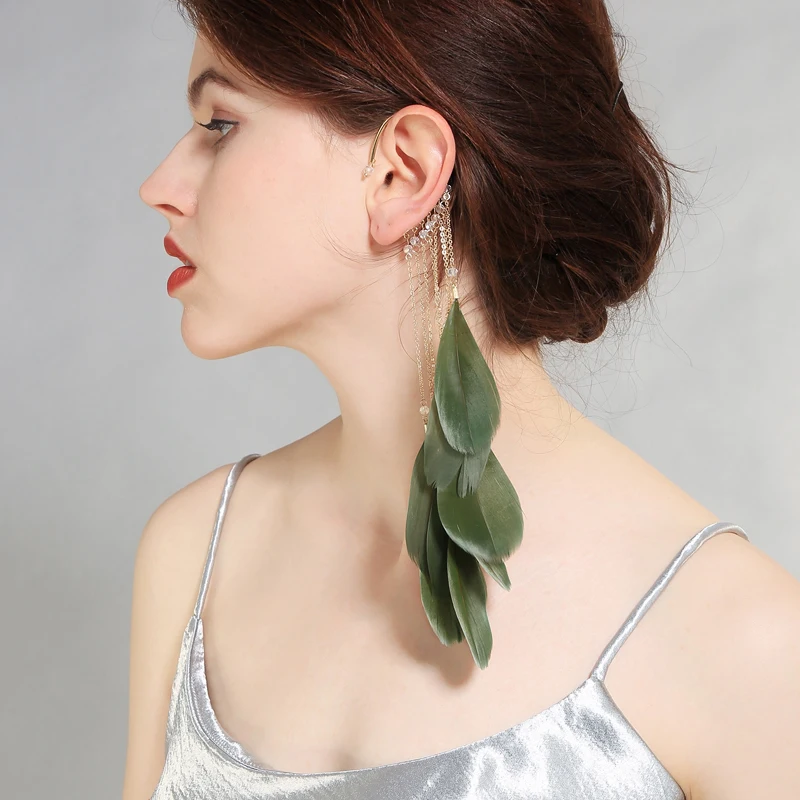 Женские длинные серьги с зелеными натуральными перьями и листьями модные
