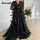 Aixiangsha, черные вечерние платья мечтательной звезды с V-образным вырезом, рукавом до локтя, разрезом и бантом на поясе, платья для выпускного вечера
