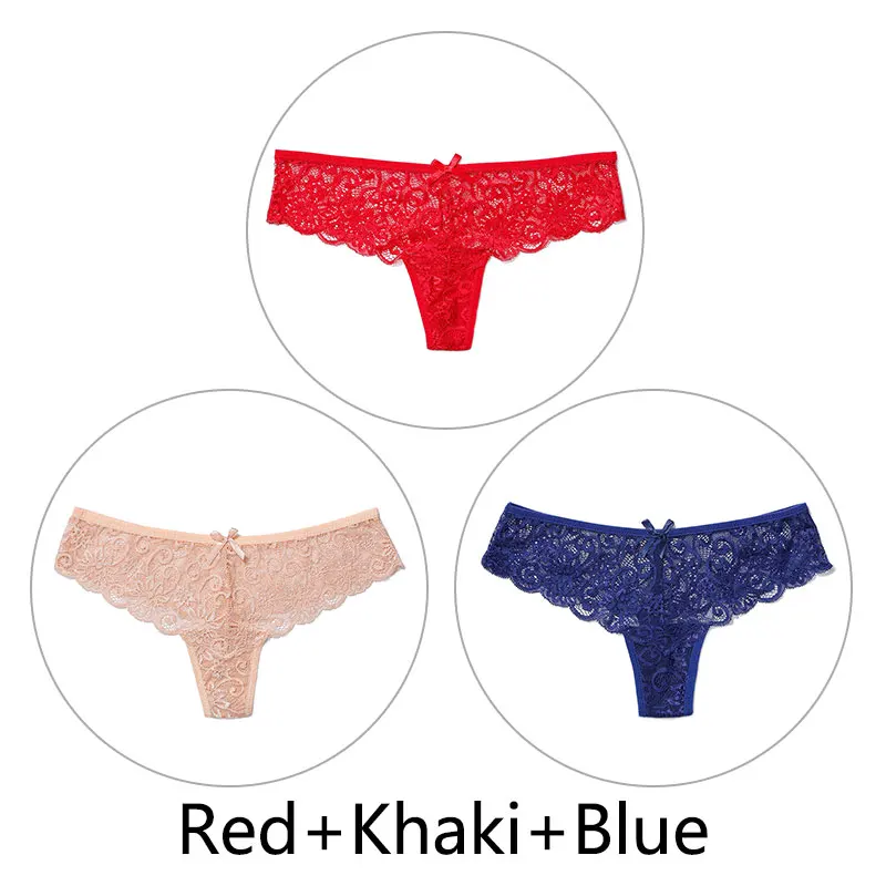 Red Khaki Blue 3 шт., сексуальные кружевные трусики женские стринги и стринги, открытая низкая талия, нижнее белье, прозрачные танга, женское нижнее белье, дышащее - Цвет: Red Khaki Blue