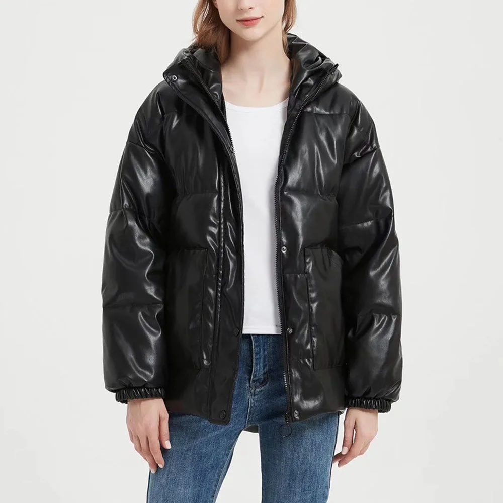 

ZA 2021 winter new style imitation leather thick casual bread jacket waist down jacket women's cotton jacket hooded belt