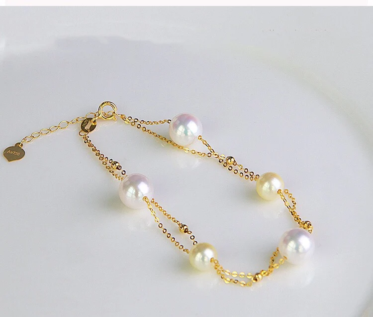 18K Solid Yellow Real Gold Jewelry (AU750) Women Single Grain Pearl Bracelet Chain Natural Sea Pearl Beads  Fashion Lady