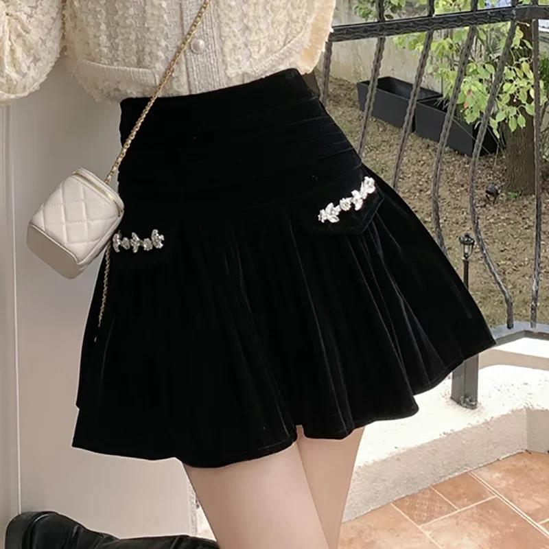 

Rhinestone High Waist Pleuche Short Skirt 2021 Autumn and Winter New Slimming Skirt Pleated Skirt A- Line Skirt