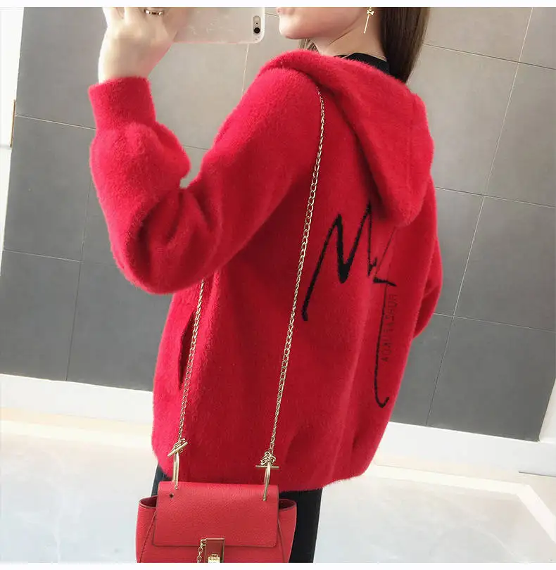 Women Mink Fur Jacket Autumn Winter Women Coat Loose Embroidered Thick Velvet Hooded Sweater Female Cardigan