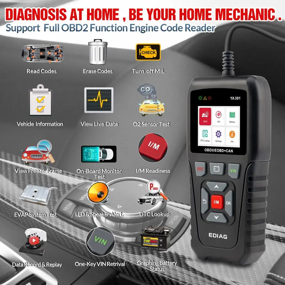 Ediag YA301 OBDII/EOBD Battery test real 16Pin Code Reader graph datastream USB update OBD2 Diagnostic Tool PK CR3001 ELM327 | Автомобили