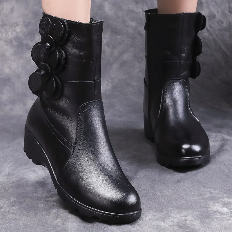 

OUKAHUI 2020 Autumn Classic Black Genuine Leather Mid Calf Boots Woman Winter Shoes Round Toe Wedges Heel Ladies Half Calf Boots