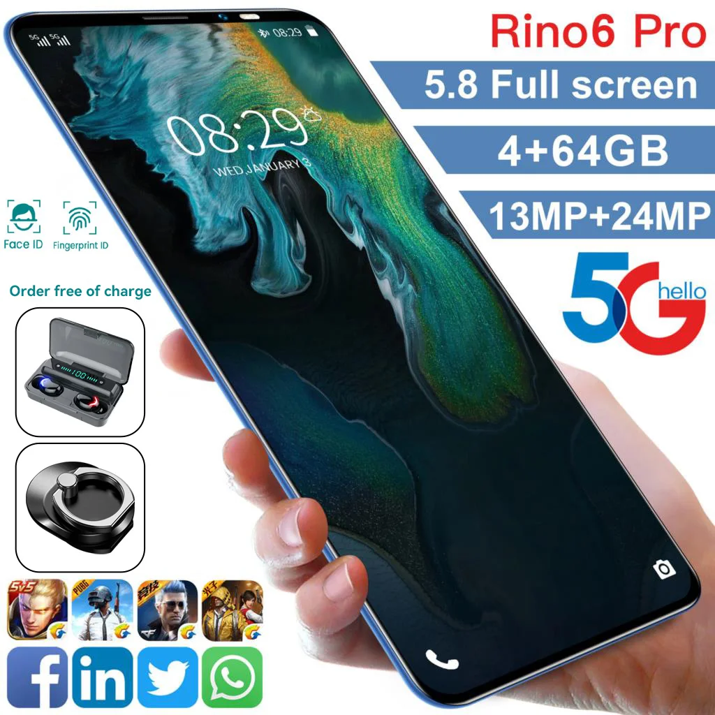 

Rino6 Pro Mobile Phone 5.8 inch 64GB ROM 4GB RAM Smartphone 4800mAh free shipping Mobile Phone Cheap phone Android 10
