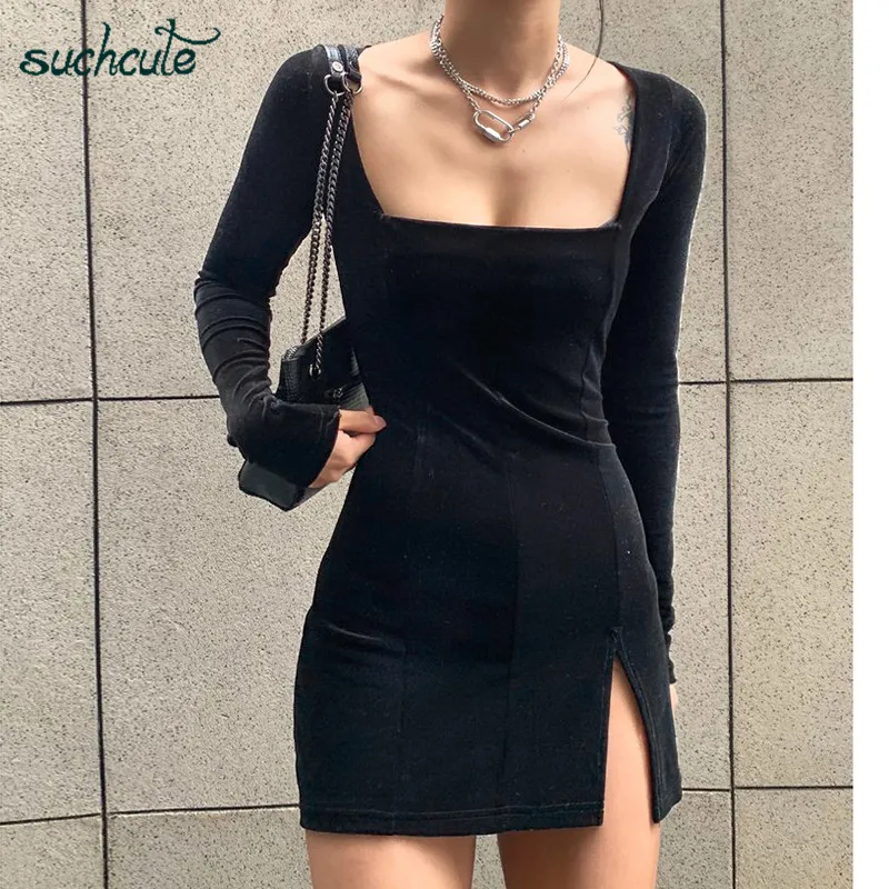 Женское бархатное платье с разрезом облегающее однотонное длинным рукавом