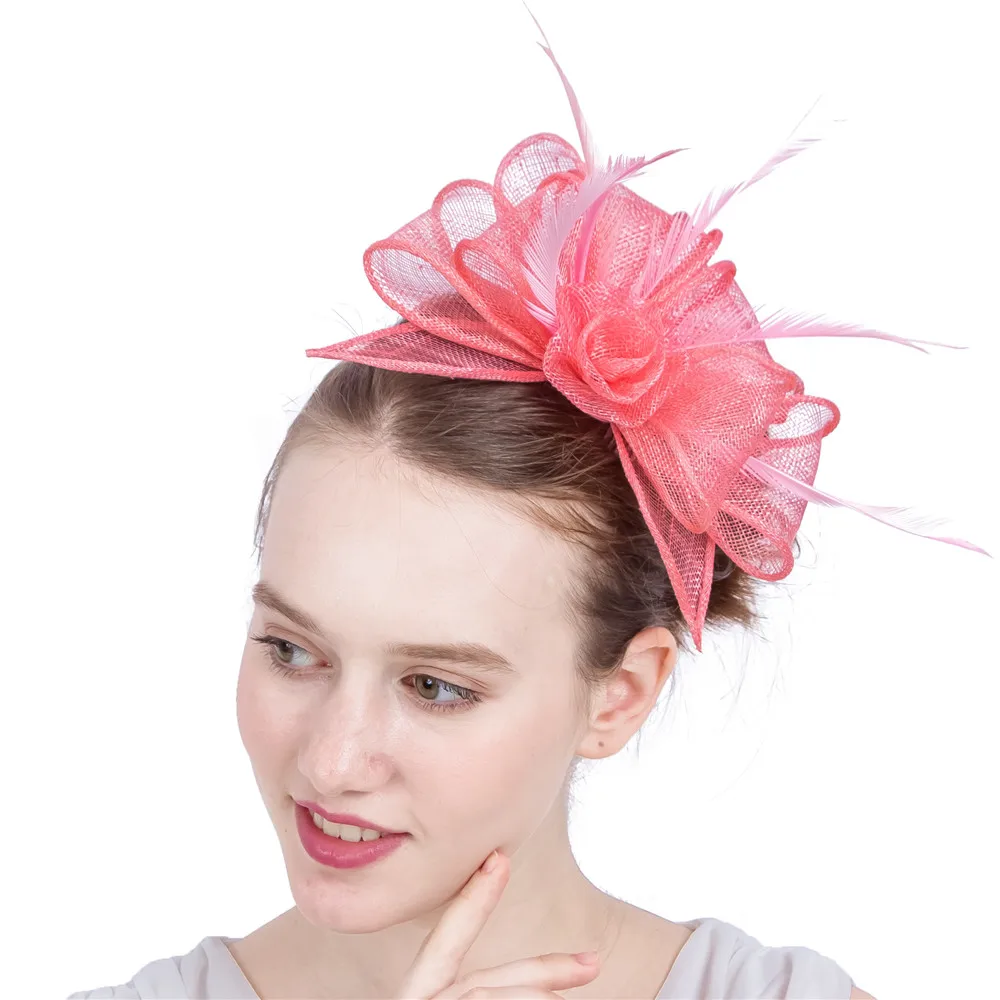 Великолепные женские розовые цветочные ободок Вуалетка Sinamay шляпа свадебный