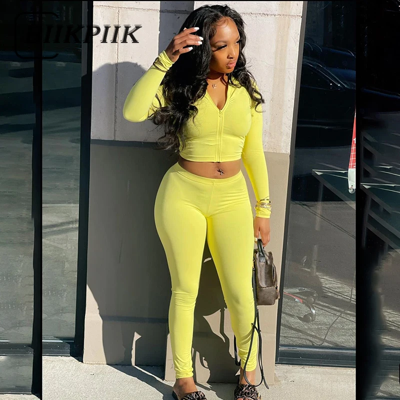 

BIIKPIIK Solid Tracksuits Women Two Piece Outfits Zip Fly Hooded Tops And Stretch Low Rise Pants All-match Fitness Outdoor Wear