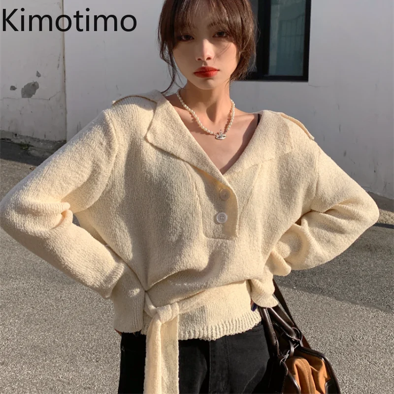 

Kimotimo Gentle Lace-up Sweater Women 2021 Autumn Winter Show Waist Design Pullover Korean Ins All-match V-neck Fashion Sweaters
