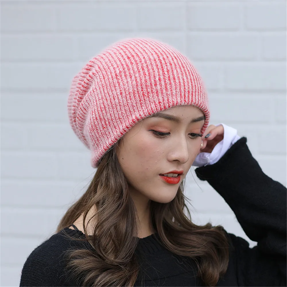 

New Simple Rabbit Fur Beanie Hat For Women Knitted Wool Cap Korean Version Fashion Hat Casual Solid Adult Rabbit Cap Cover Head
