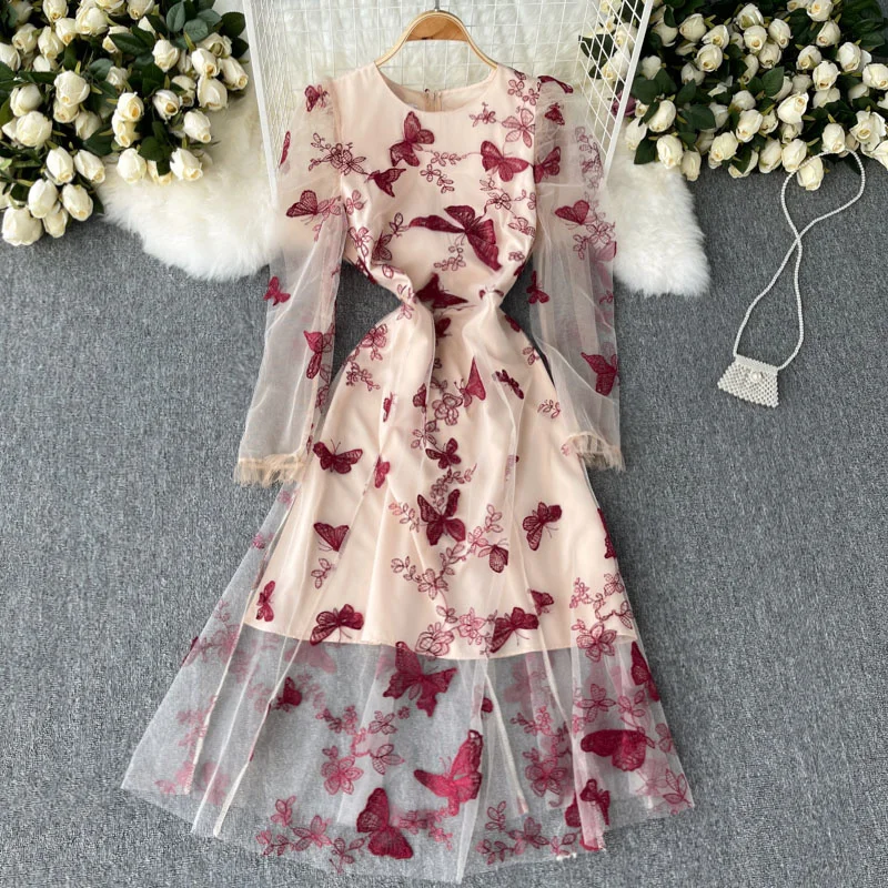 

Женское приталенное платье-трапеция, элегантное винтажное платье с длинным рукавом и вышивкой бабочки, Новинка лета