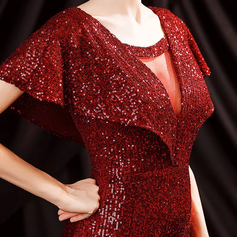 

Red Luxury Evening Dresses Illusion Vintage Short V-Neck Sequined Trumpet Floor-Length Sequin Elegant Women Formal Gown TS696