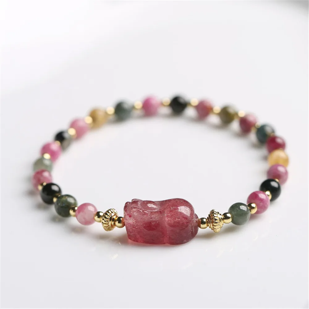 

Natural Tourmaline Bracelet Candy Color Tourmaline Strawberry Crystal Pixiu Recruiting Peach Blossom Niche Rainbow Bracelet