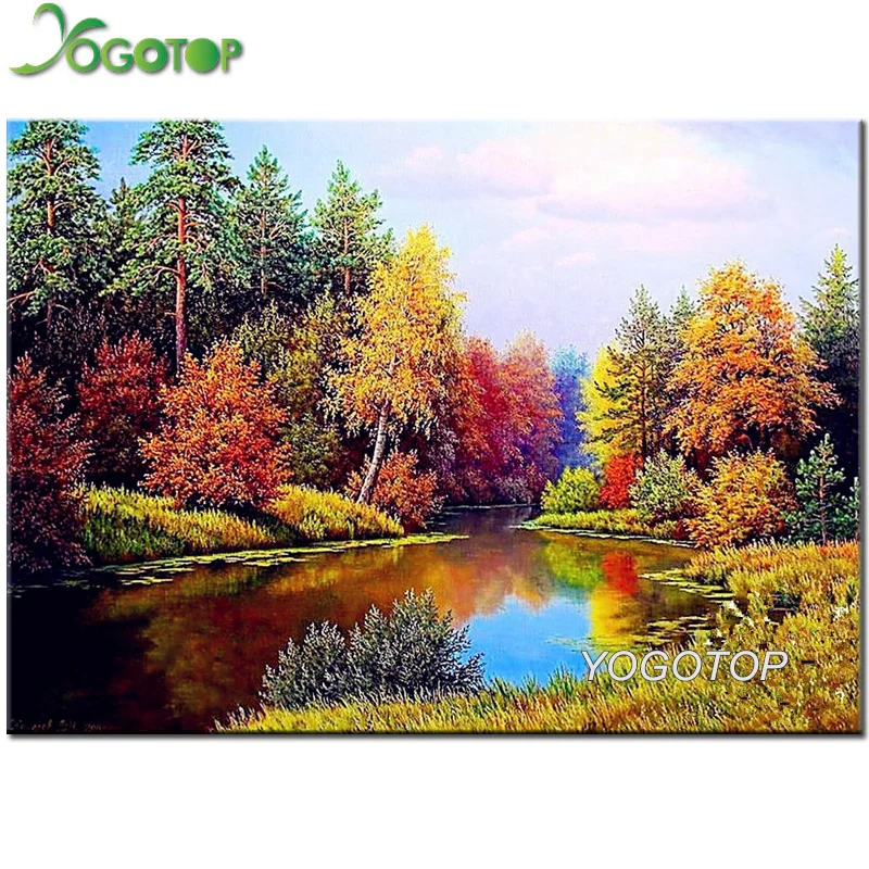 

Diy 5D Diamond Painting Autumn Pond Full square Diamond Mosaic Picture natural Diamond Embroidery Landscape Pattern YY2076