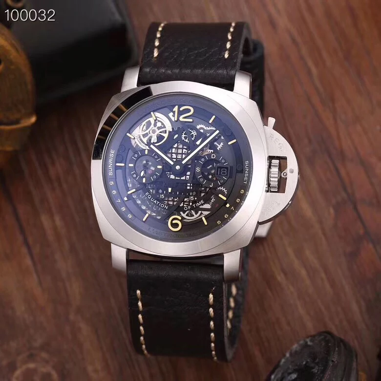 

Classic New Men Automatic Mechanical Stainless Steel GMT Watches Silver Brown Black Leather Tourbillon Skeleton Luminous