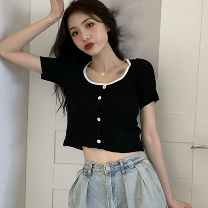 

Женская модная трикотажная футболка с круглым вырезом и пуговицами, с коротким рукавом и открытым пупком, кардиган 2020