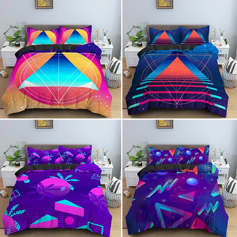 

Colorful Modern Retro Neon Bedding Set Single King Queen Size Psychedelic 3D Geometric Duvet Cover Pillowcase 2/3pcs Bedclothes