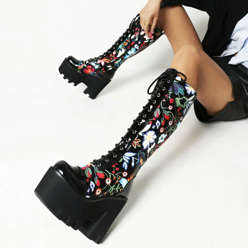 

women sexy super high heel knee boots 2021 autumn winter new fashion print ladies platform Goth punk long boot woman pumps shoes