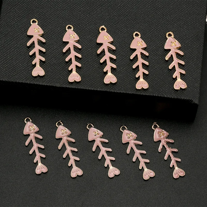 10 шт./лот Подвеска из эмалированного сплава в виде рыбьей кости розовый цвет