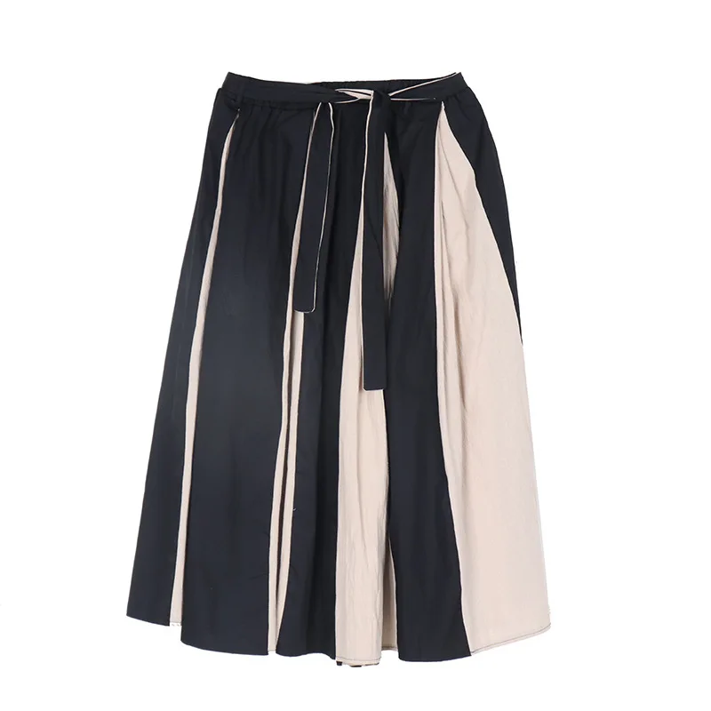 

Contrast Color High Waist Design A-line Skirt Spring Summer Lace Up Women Pleated Skirts Fashion Street Casual Long Skirts 2021