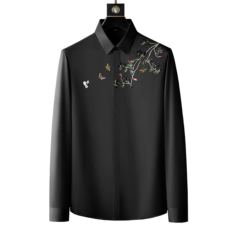 

Brand Embroidery Men's Shirt 2021 Autumn Long Sleeve Casual Business Dress Shirt Slim Streetwear Social Tuxedo Men Clothing