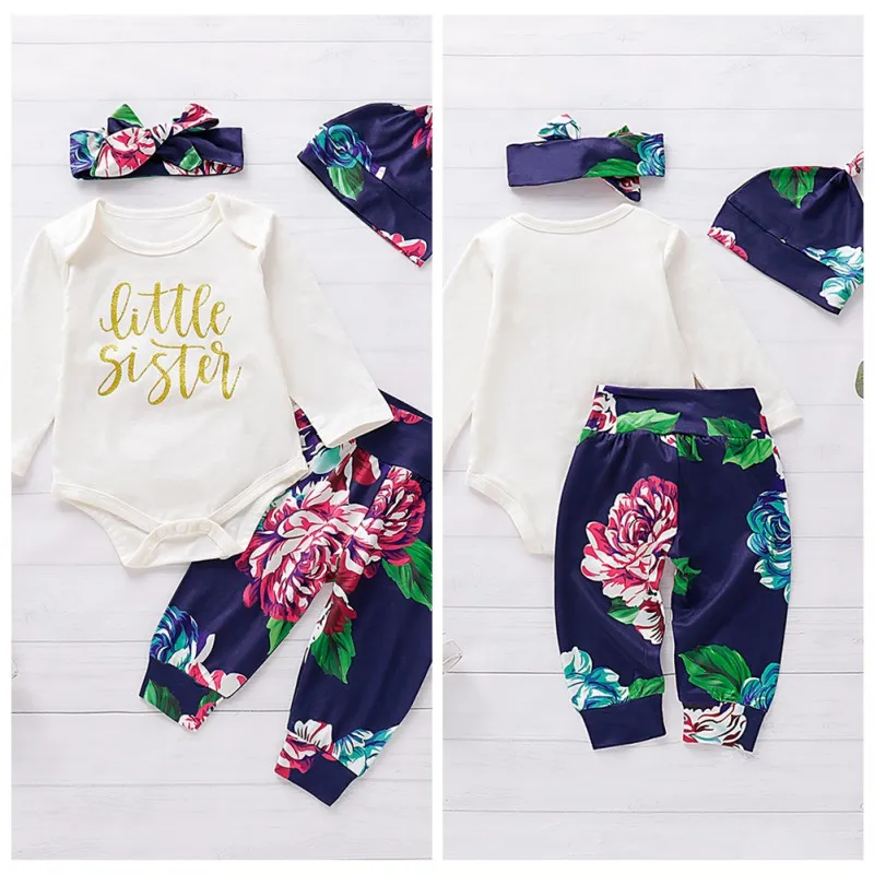 

0-24M Autumn Baby Girl Long Sleeve Letters Romper Tops Floral Trousers Hat Headband Outfits Clothes
