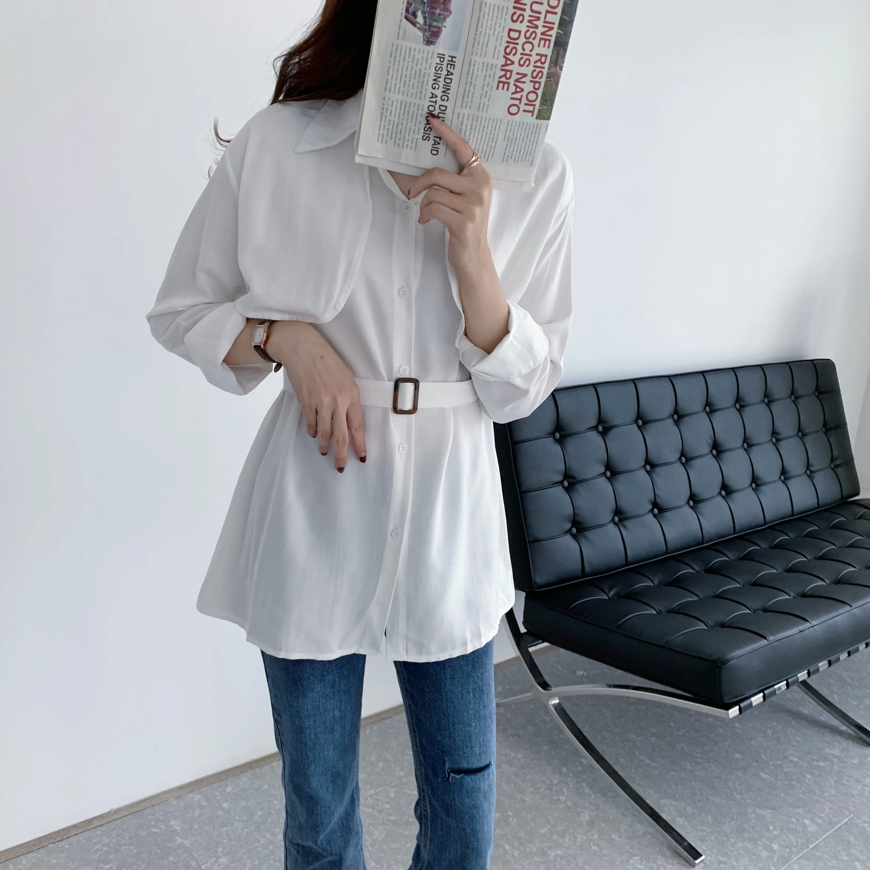 

Korean Spring and Summer Street style Shirt Long Sleeve belt All-Match Loose Temperament Tops for Women Shirts Ladies Tops