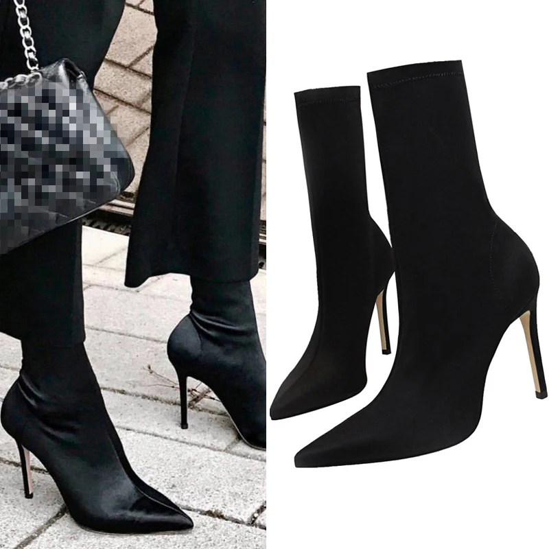 Botas de Salto Sapatos de Dedo do pé Botas de Estiramento Eooodoit Mulher Meias Alto Apontado Sexy Lycra Bombas Panturrilha Mais Tamanho 9.5 cm