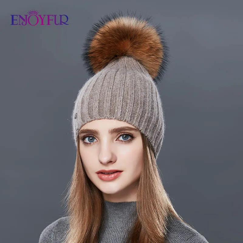 Enjoyfur мода вертикальные полосы зима Шапки для Для женщин кашемир вязаная шапка