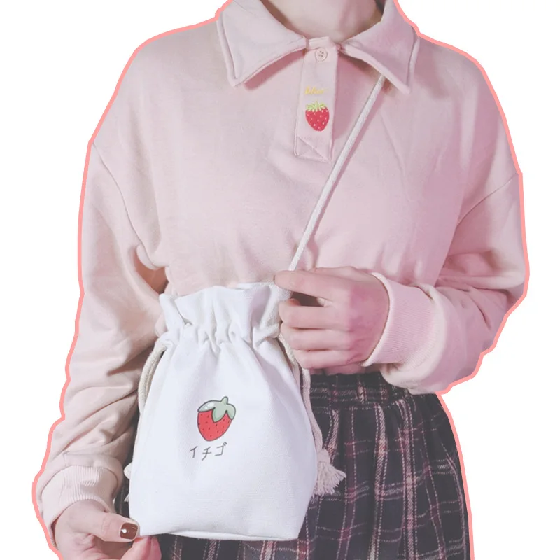 

Simplicity Strawberry Print Canvas One Shoulder Mobile Phone Bag Messenger Bag Student Cute Drawstring Drawstring Pocket
