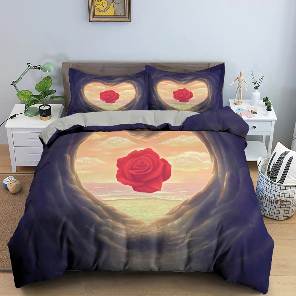 

Surreal Scene Duvet Cover Bedding Set Love Concept Artwork Comforter Cover Rose With The Heart 3D Print Bedclothes 2/3Pcs