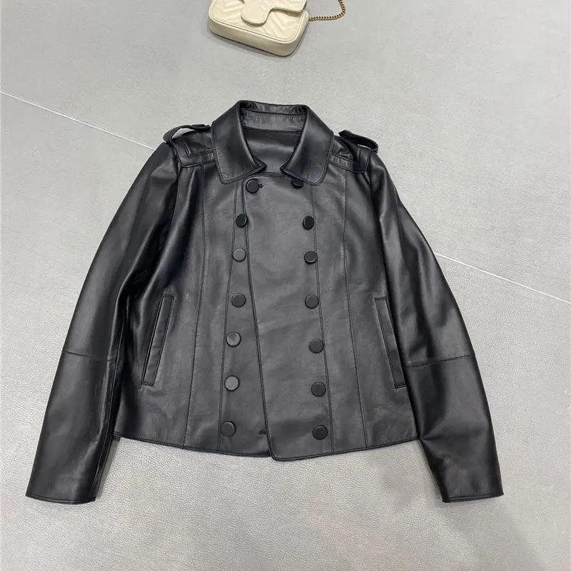 2022 new women sheepskin real leather jacket black camel Double-breasted Genuine Leather Coat for Women