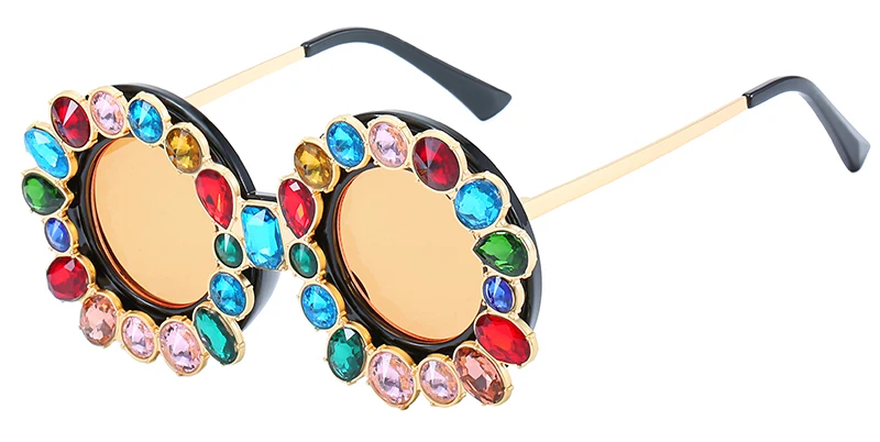 FU E Gorgeous Women Sunglasses Crystal Diamond Handmade Round Eyewear UV400 Mirror Lens Flower Design Summer Sun Glasses - Цвет линз: Black Orange