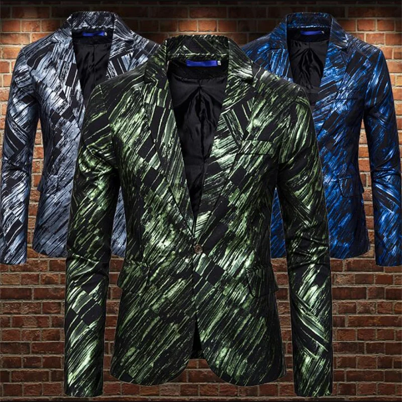 Hot buckle shiny diagonal stripe blazer men suits designs one buckle jacket mens fashion stage singers clothes B448