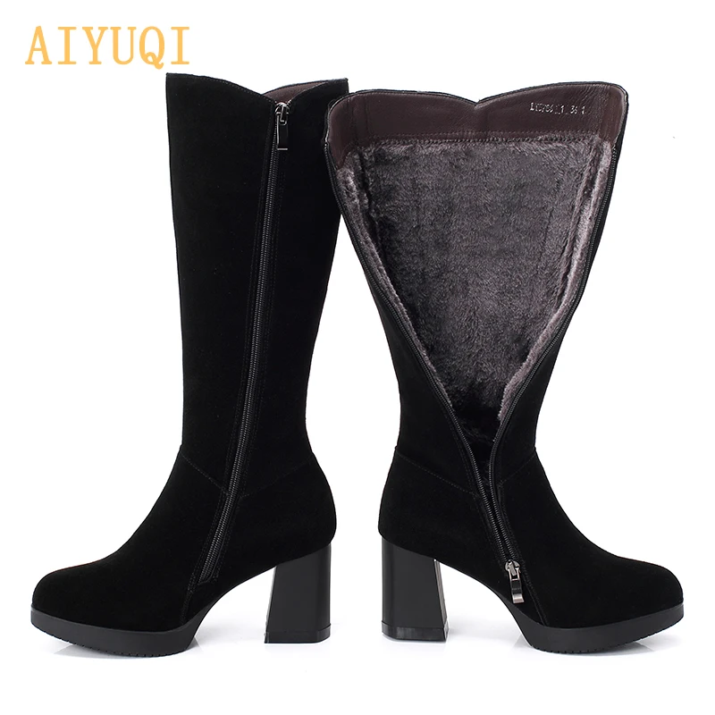 black fluff AIYUQI; женские зимние ботинки; замшевые ботинки из натуральной кожи; женские высокие сапоги; пикантная женская обувь; высокие женские сапоги на платформе и высоком каблуке - Цвет: black fluff