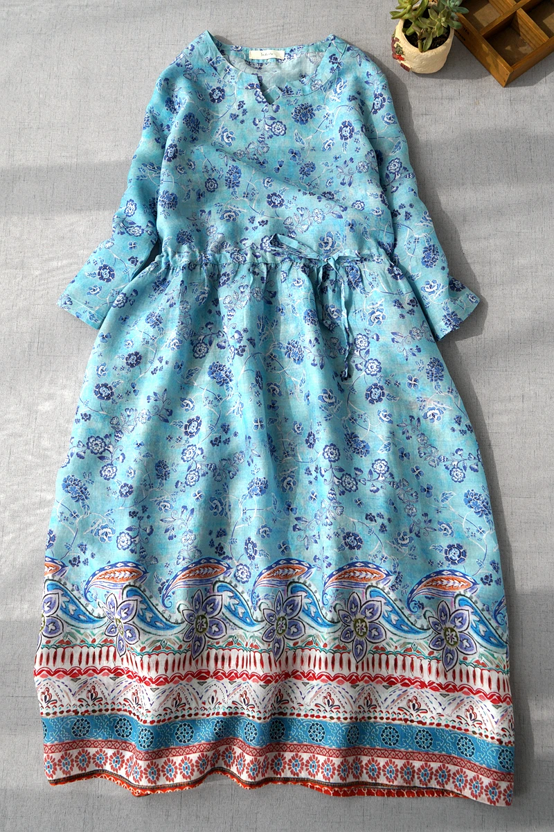 

Spring Summer New Women Vintage Loose Drawstring Waist Comfortable Water Washed Thin Light Ramie Print Blue Pullover Dresses