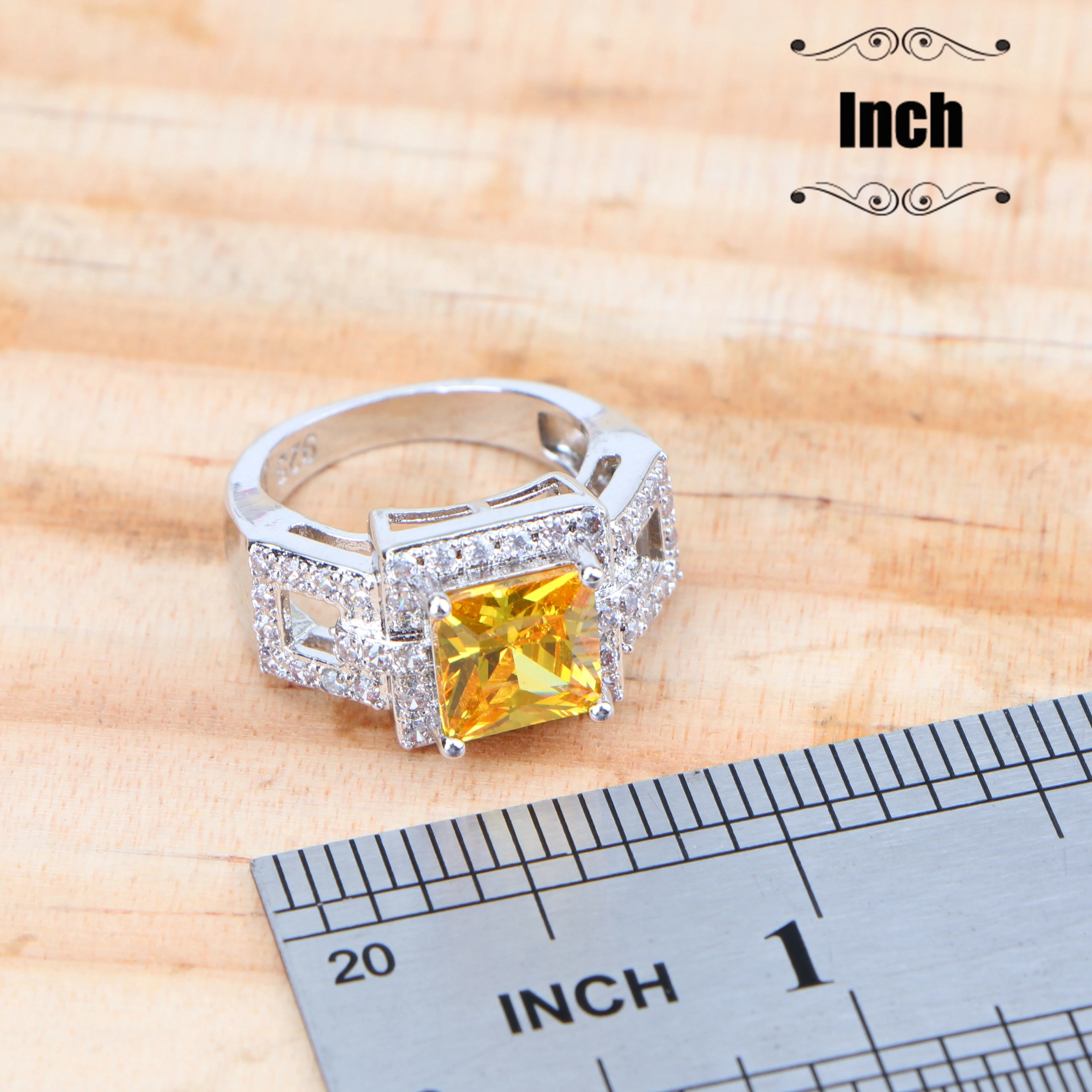 Silver 925 Bridal Wedding Jewelry Sets Women Costume Yellow Cubic Zirconia Earrings Ring Pendant Necklace Set Gift Box | Украшения и